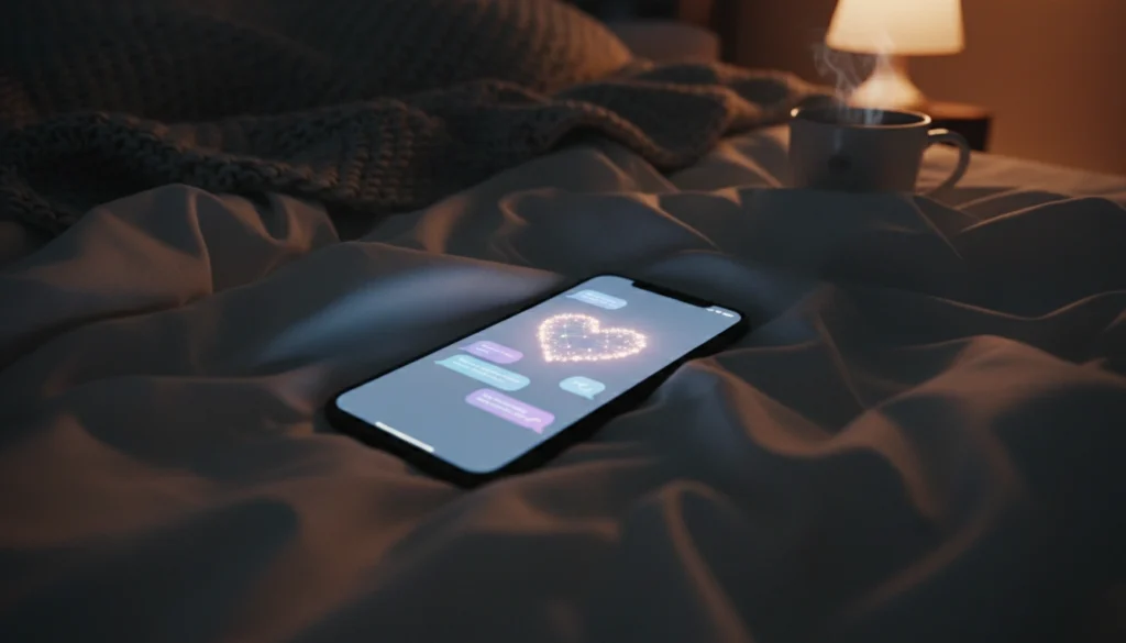 Celular sobre o lençol exibindo mensagem de carinho, ilustrando o envio de boa noite com lembranças boas do dia.