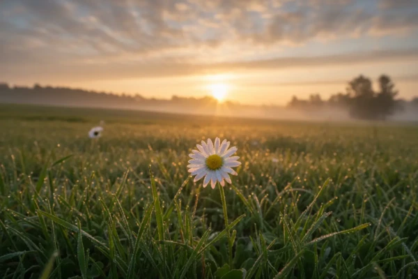 Un doux lever de soleil sur un champ vert, avec des rayons de lumière dorés inspirant une bonne journée.