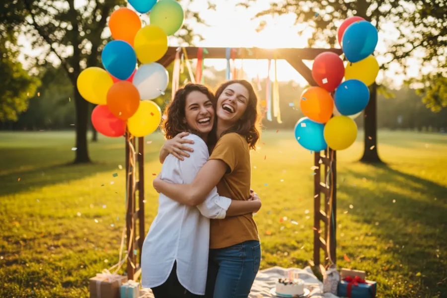 Duas amigas rindo e se abraçando em um aniversário, com balões coloridos ao fundo.