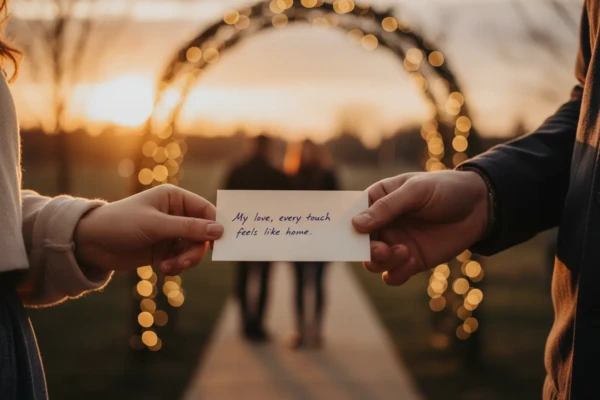 Manos de pareja entrelazadas sosteniendo una nota de amor