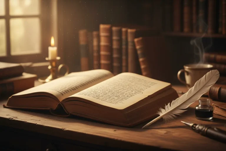 Livro antigo e pena, simbolizando as frases de Clarice Lispector sobre a vida.