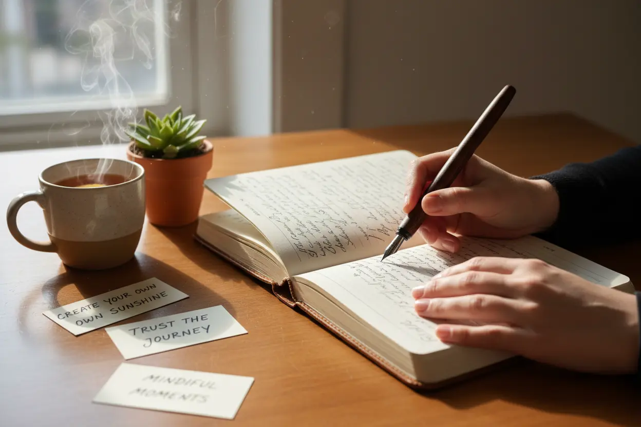 Crie Suas Mensagens Únicas Pessoa escrevendo em um caderno com caneta, criando mensagens de bom dia personalizadas.