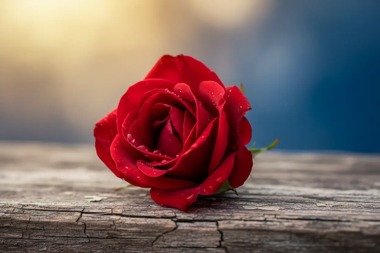 Rosa vermelha com orvalho, simbolizando felicidade e dor.