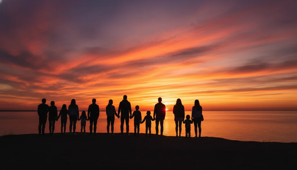 Grupo de amigos sorrindo ao ar livre no pôr do sol, representando conexão e otimismo.