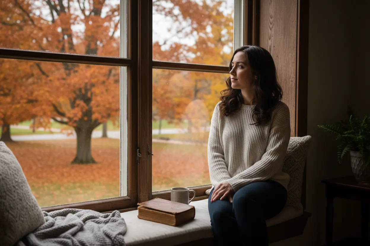 Mulher refletindo sozinha à janela.