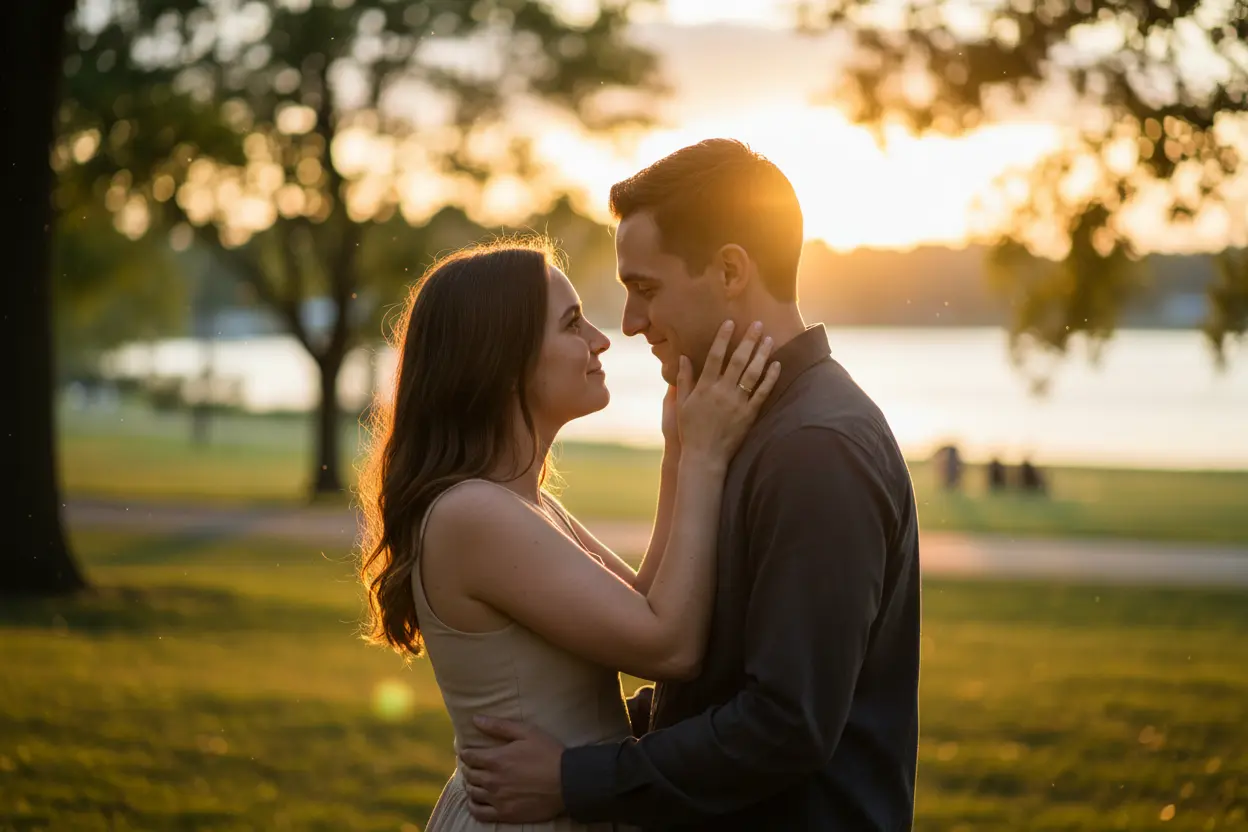 Olhares que Dizem Eu Te Amo Casal se olhando apaixonadamente no parque ao pôr do sol, frases de amor para namorado curtas