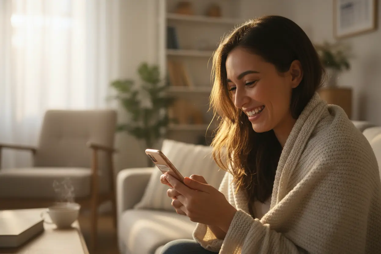 Sorriso de Amor no Celular Pessoa sorrindo ao ler mensagem de amor no celular
