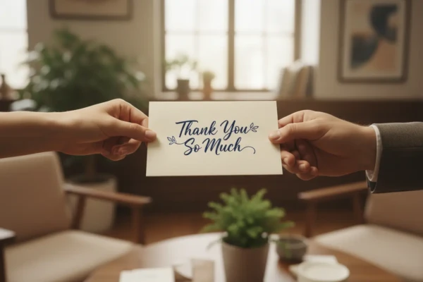 Les mains s'échangent un message de remerciement professionnel.