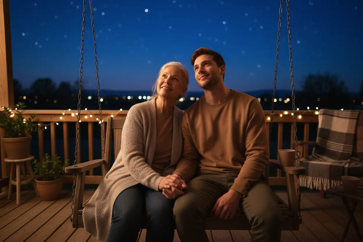 Amigos em balanço trocando palavras de boa noite.