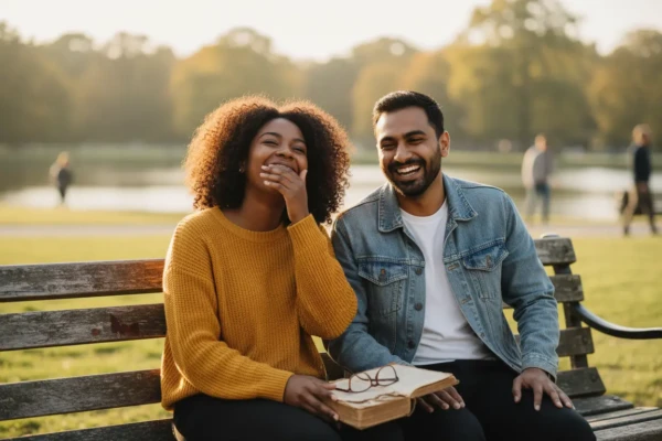 Deux amis rient sur un banc public, symbolisant l'amitié.