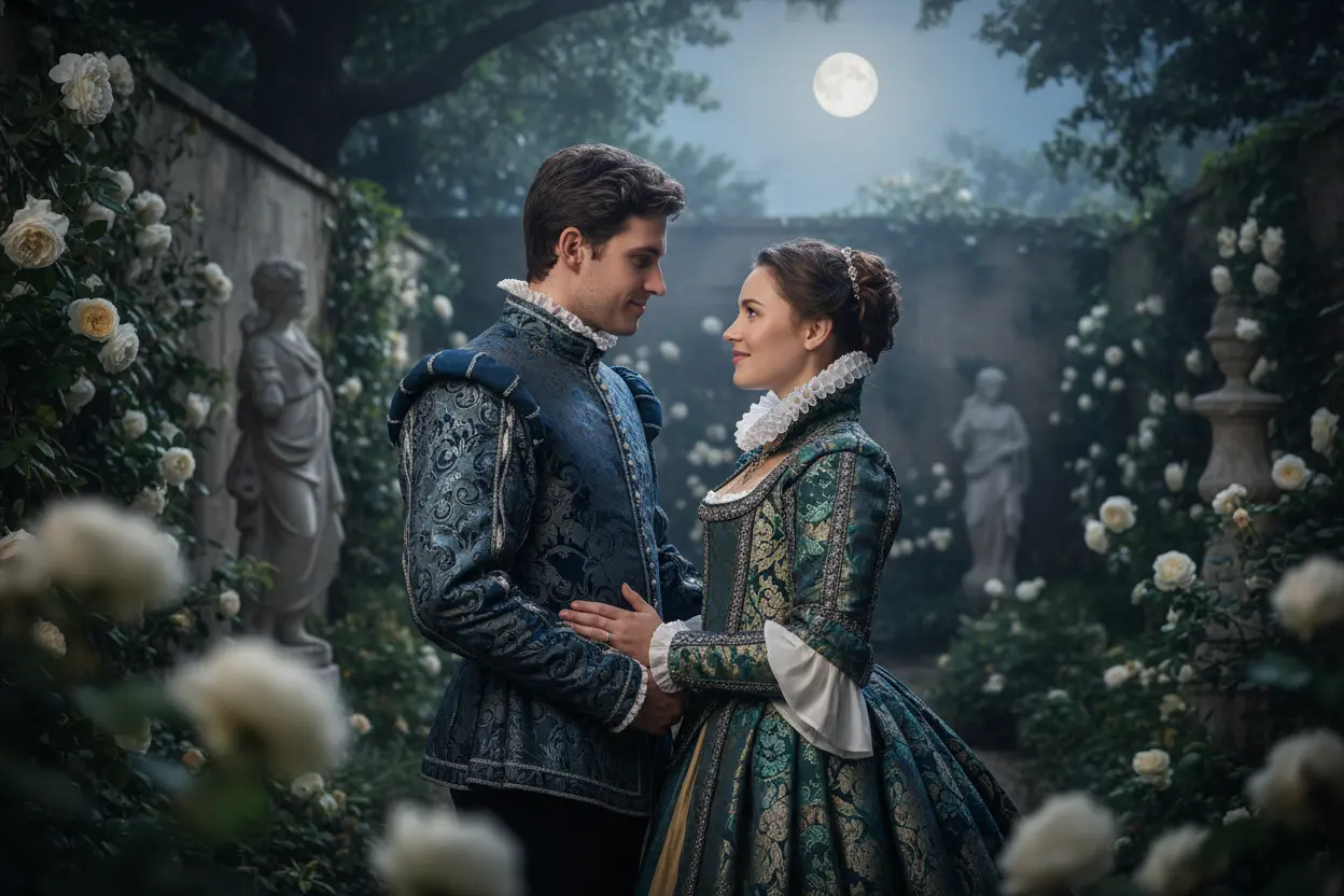 Casal apaixonado em jardim, amor romântico.