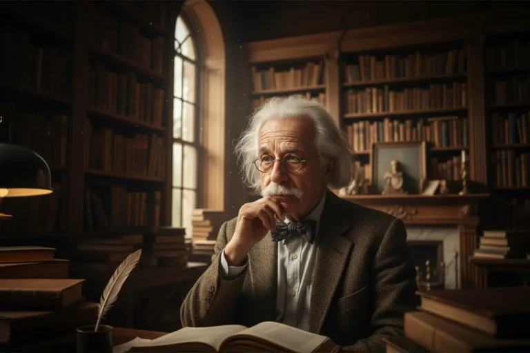 Homem idoso e sábio em biblioteca antiga, pensando profundamente.