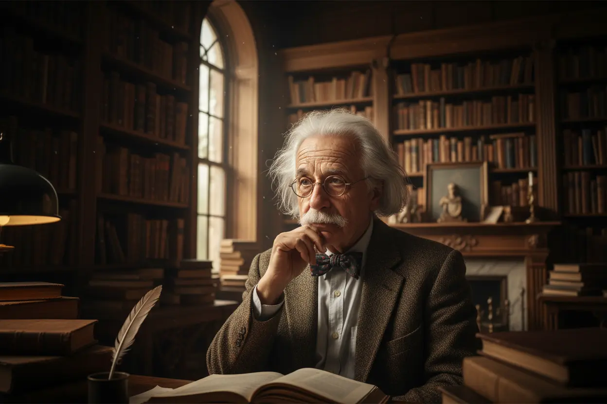 Homem idoso e sábio em biblioteca antiga, pensando profundamente.