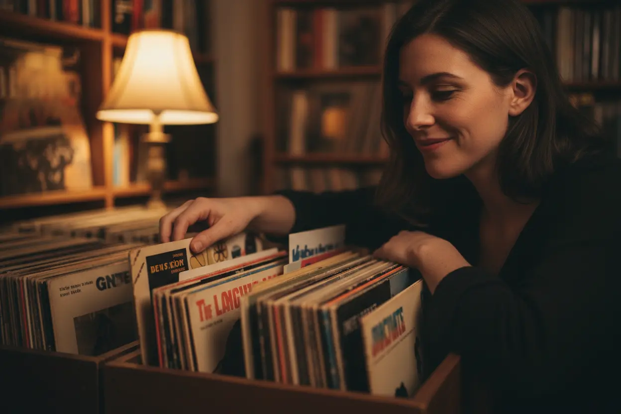 Escolhendo a Legenda Perfeita Pessoa escolhendo discos de vinil para encontrar a frase perfeita