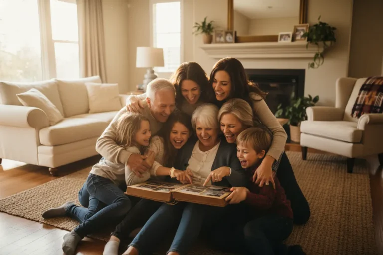 Família feliz olhando álbum de fotos antigo