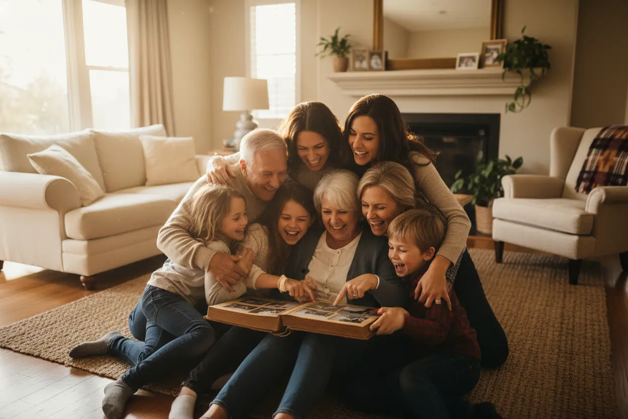 Família feliz olhando álbum de fotos antigo