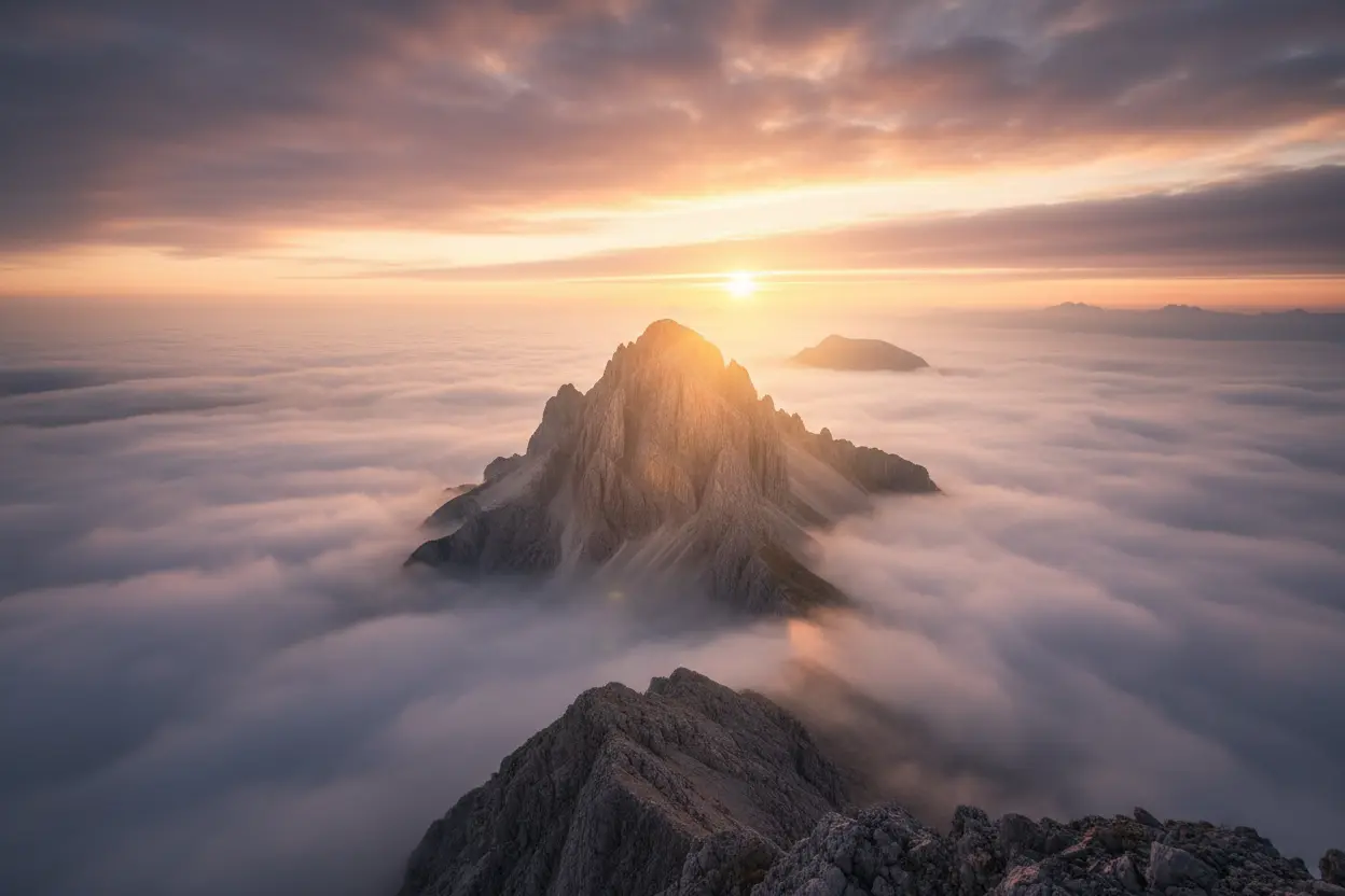 Força e Fé Divina Montanhas majestosas ao amanhecer, representando força e fé em Deus.
