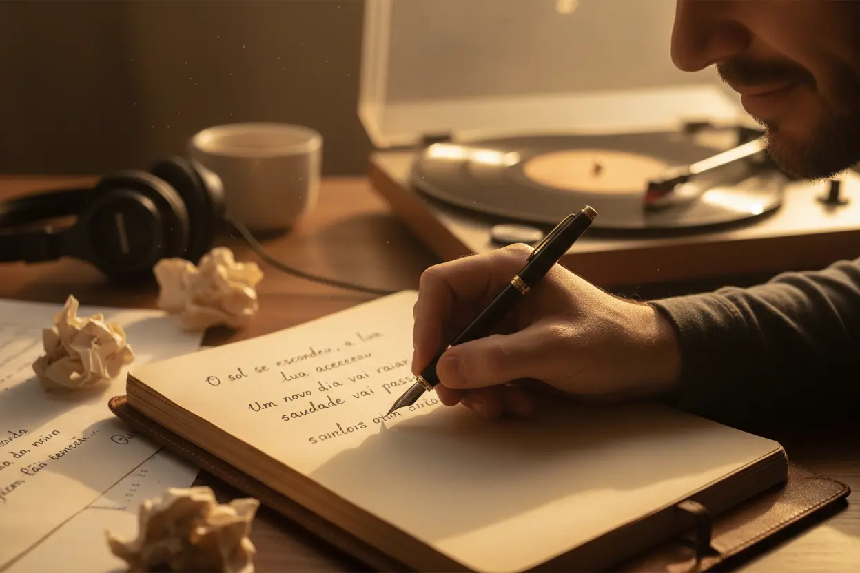 Frases de Músicas Nacionais Emocionantes Mão escrevendo frases de musicas nacionais para legendas em um caderno