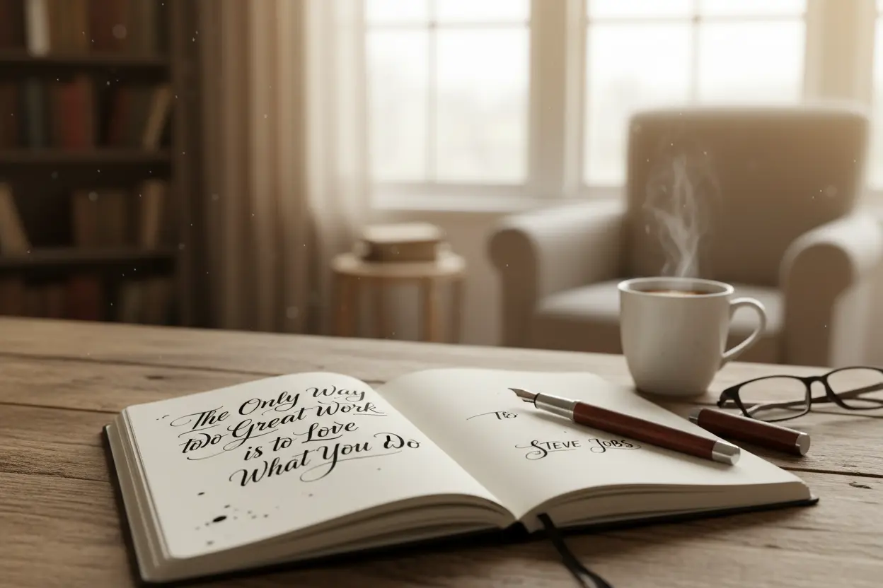 Caderno com frases de reflexão profunda para pensar, caneta e mesa de madeira.