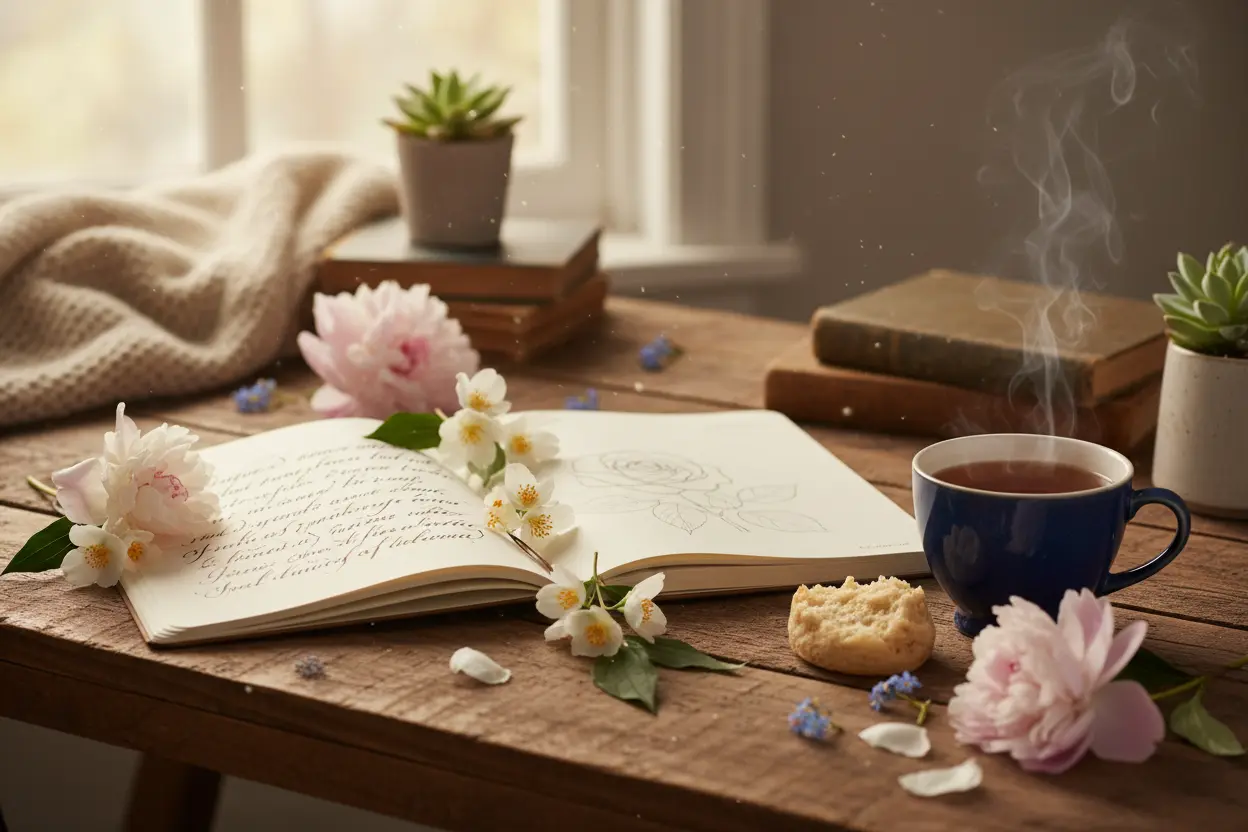 Inspiração Escrita - Frases de Autoestima Caderno com frases de autoestima e amor próprio em uma mesa de madeira.