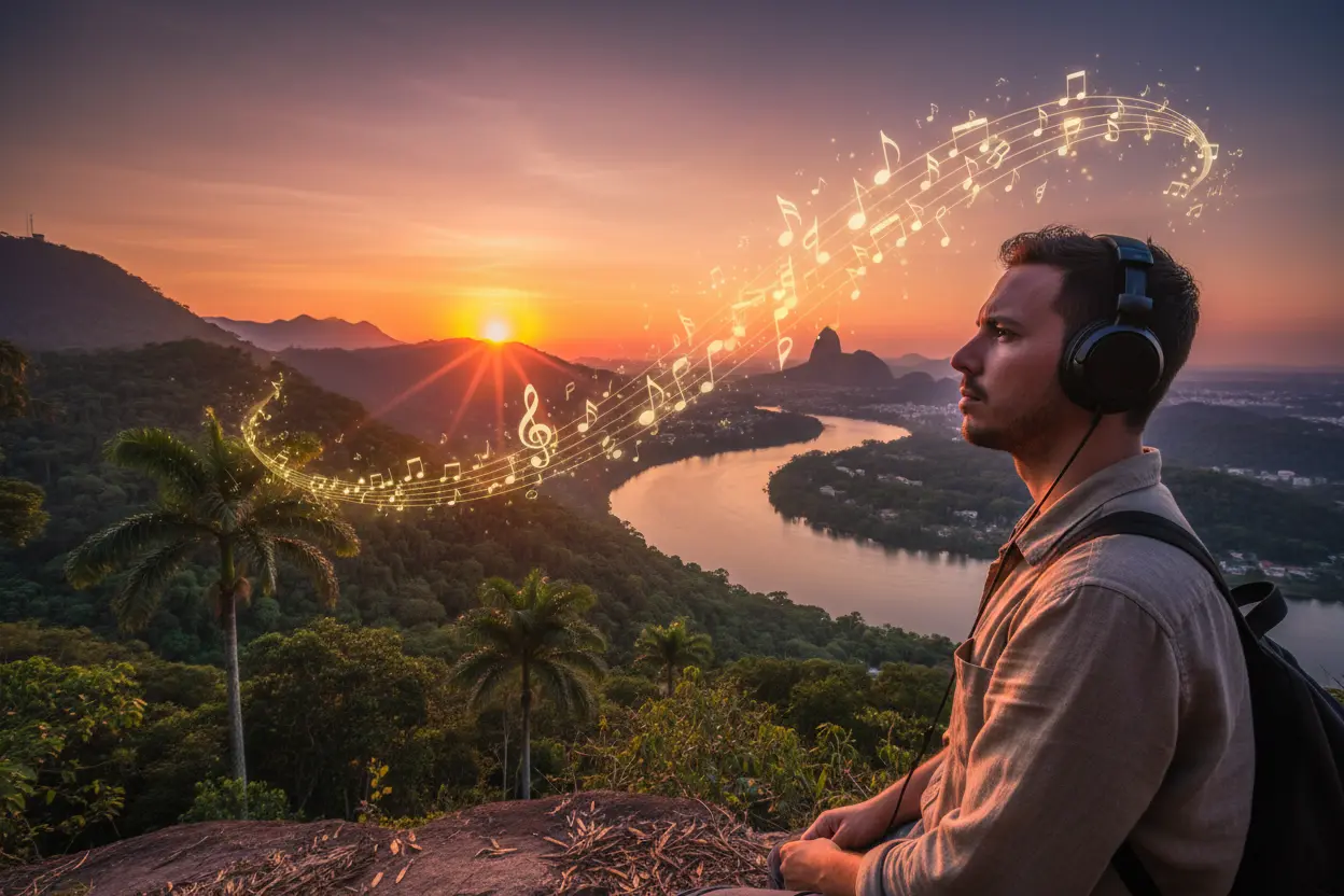 Pessoa com fones de ouvido em paisagem brasileira inspiradora