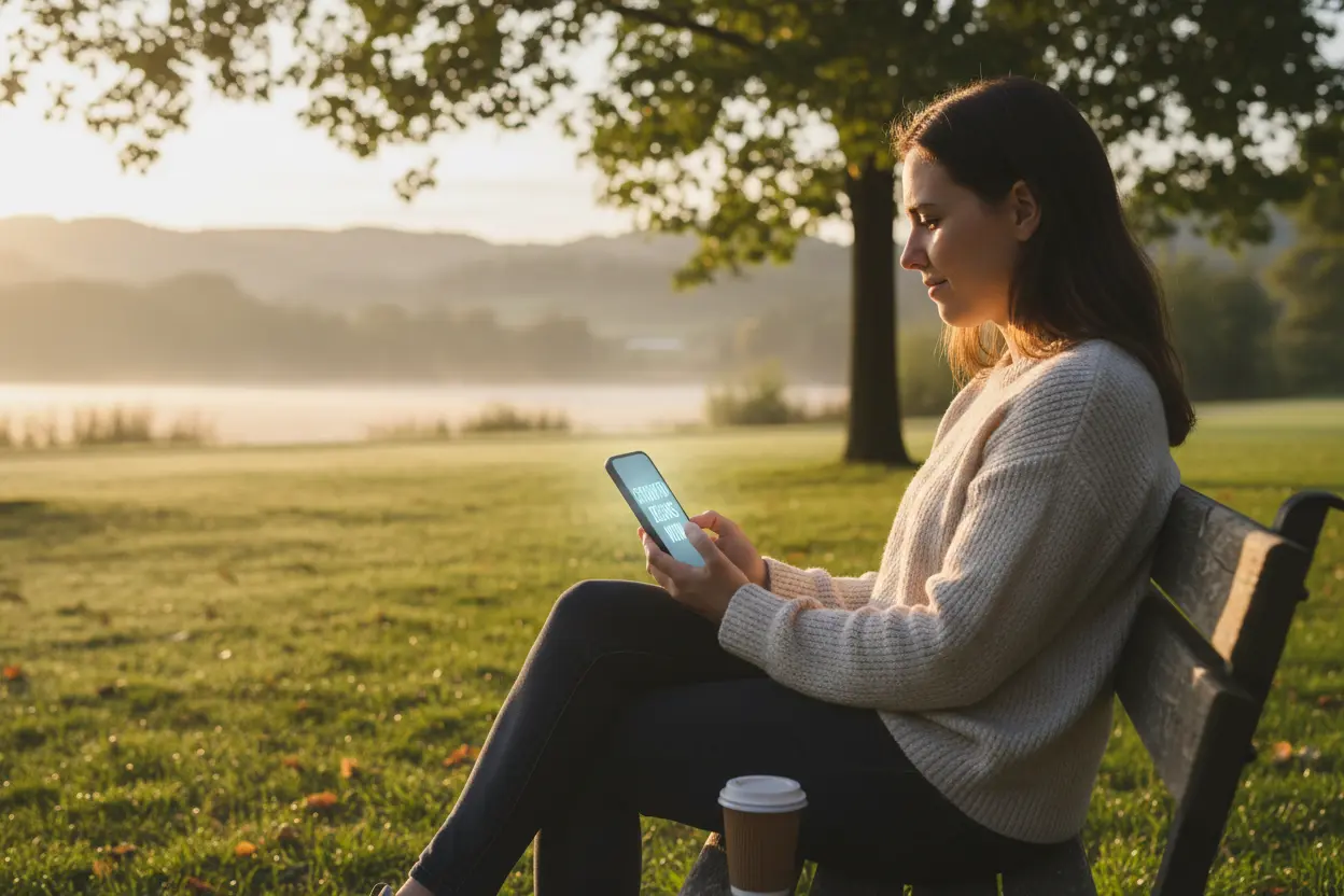 Inspiração no Celular Uma pessoa serena lendo uma frase curta de Deus em seu smartphone.