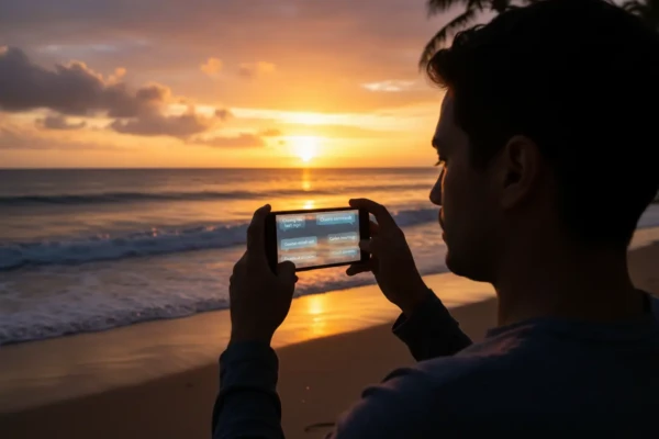 Una persona con un smartphone en la playa al atardecer, buscando pies de foto creativos.