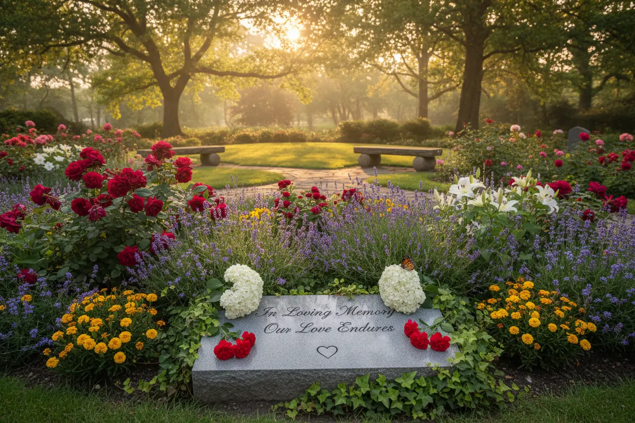 Jardim memorial com flores, honrando a memória.