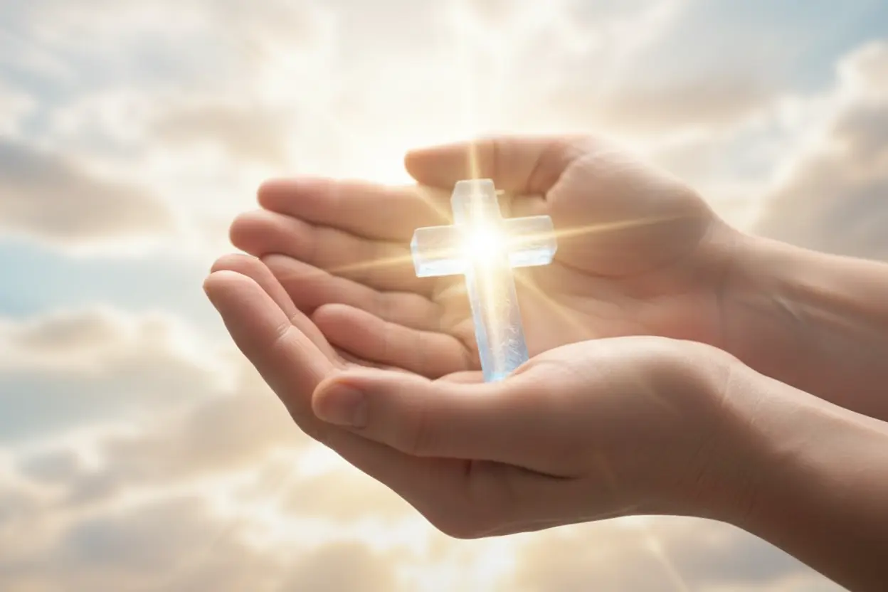 Mãos segurando uma cruz iluminada, representando frases de Deus para status.