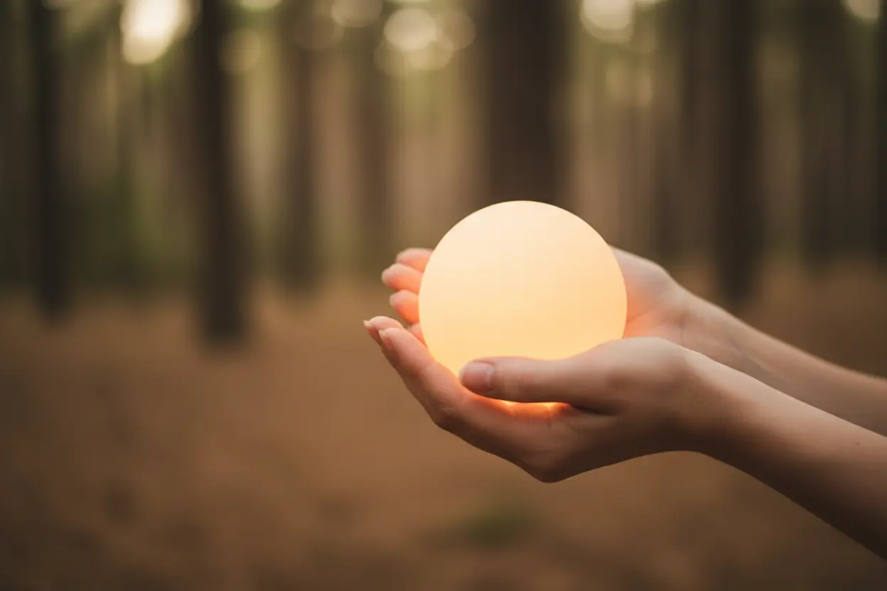 Mãos segurando uma luz suave, simbolizando a força da autoestima.