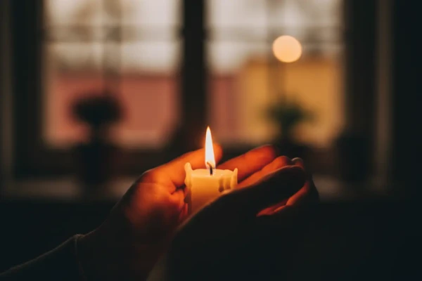 Vela encendida en la mano, símbolo de esperanza