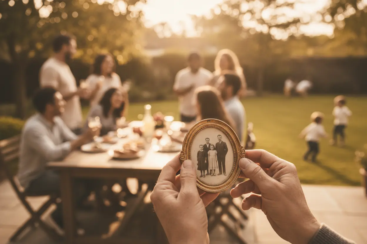 Mãos segurando foto de família vintage