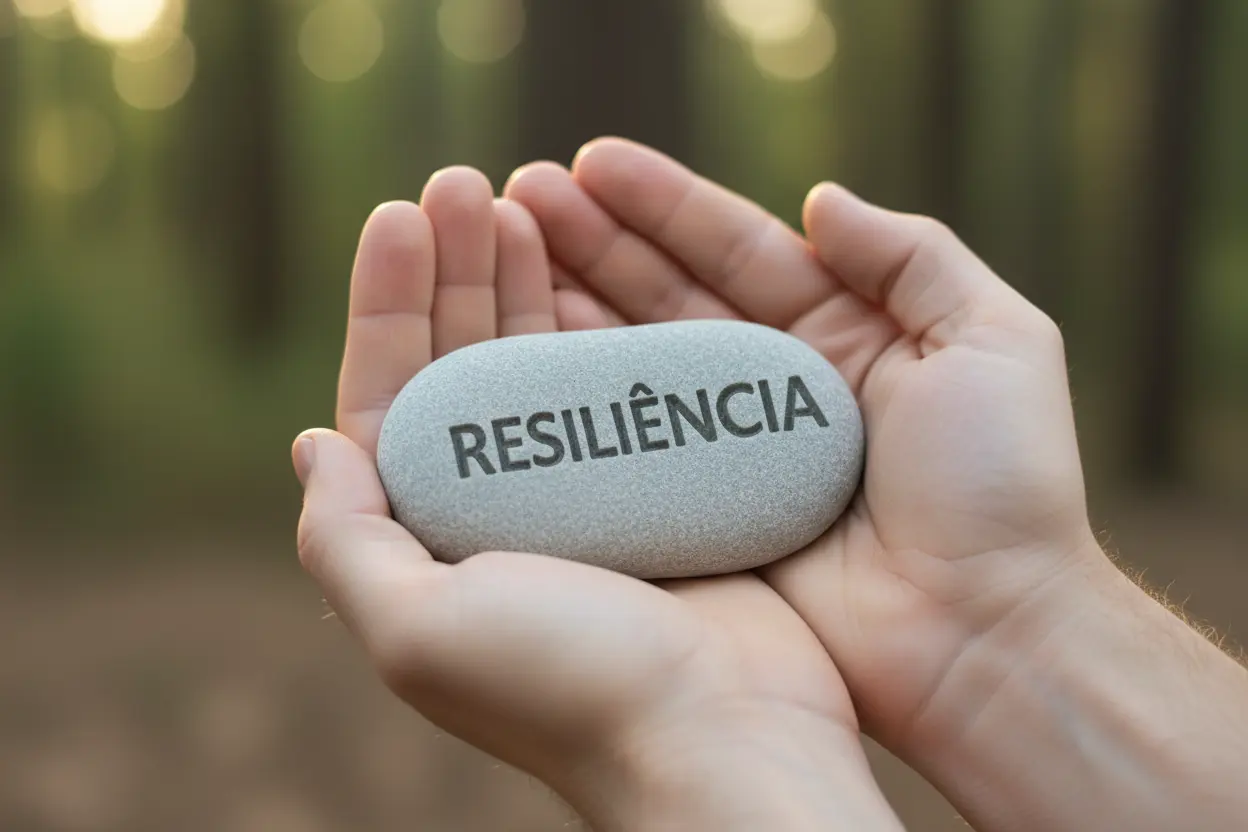 Meditação e Força Interior Mãos segurando pedra com palavra 'Força', simbolizando resiliência.