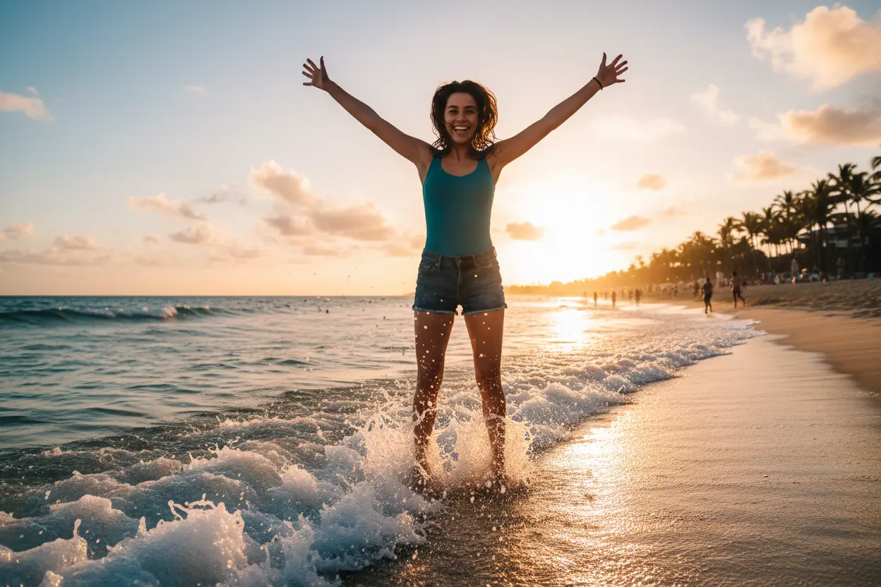 Pessoa sorrindo e brincando com as ondas na praia, para legendas para fotos na praia criativas e divertidas.