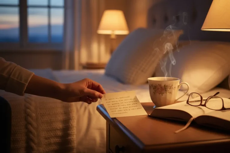 Mão deixando mensagem de boa noite com carinho em mesa de cabeceira.