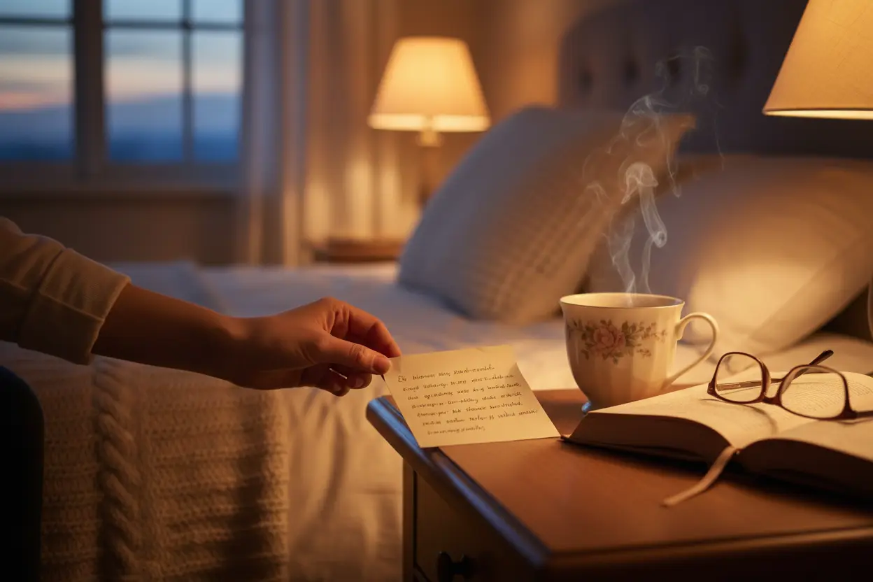 Mão deixando mensagem de boa noite com carinho em mesa de cabeceira.