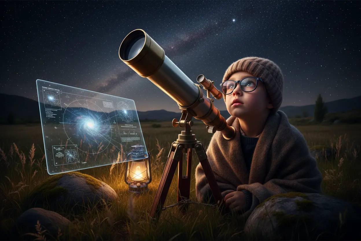 Criança curiosa observando o céu noturno com um telescópio.