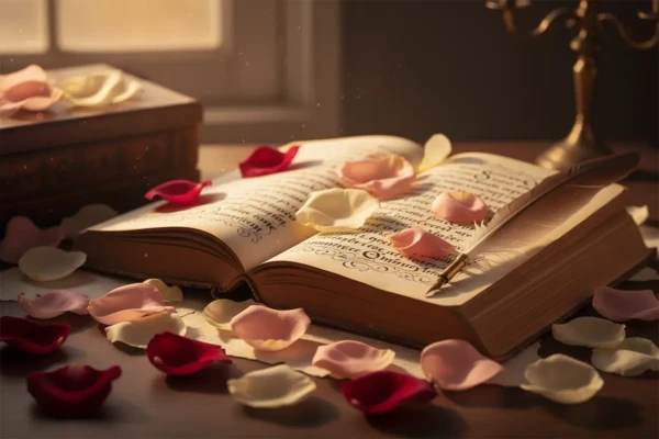 Libro antiguo y rosas que simbolizan el amor shakesperiano.
