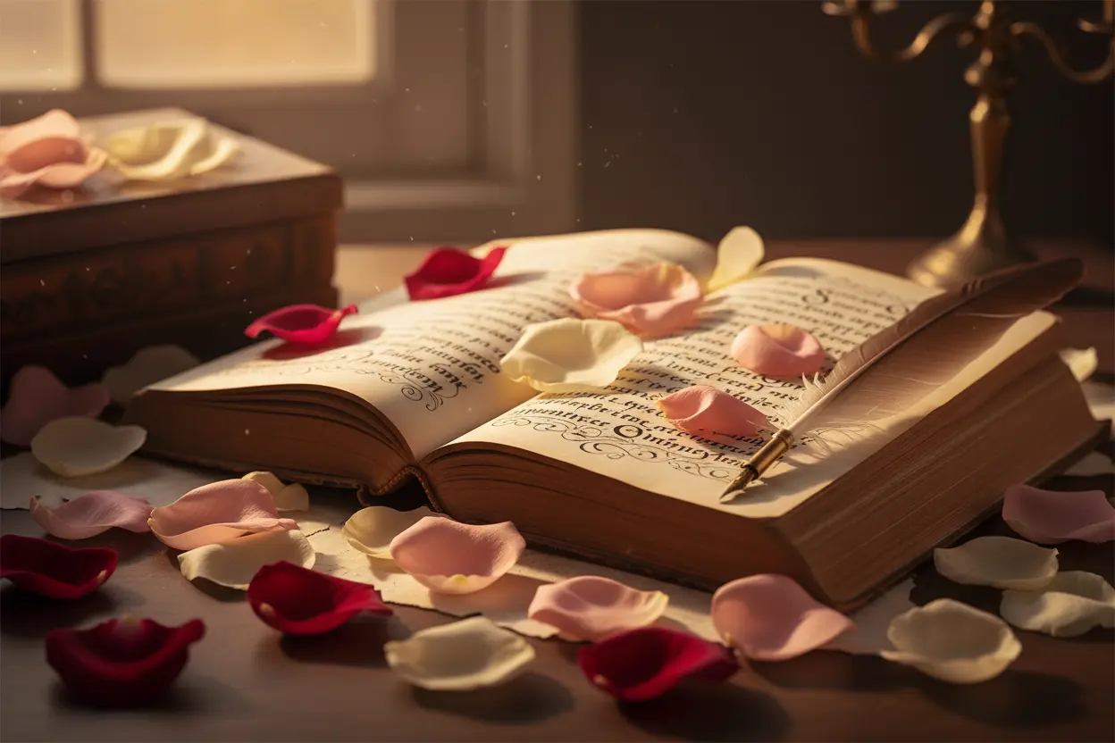 Livro antigo e rosas simbolizando o amor shakespeariano.