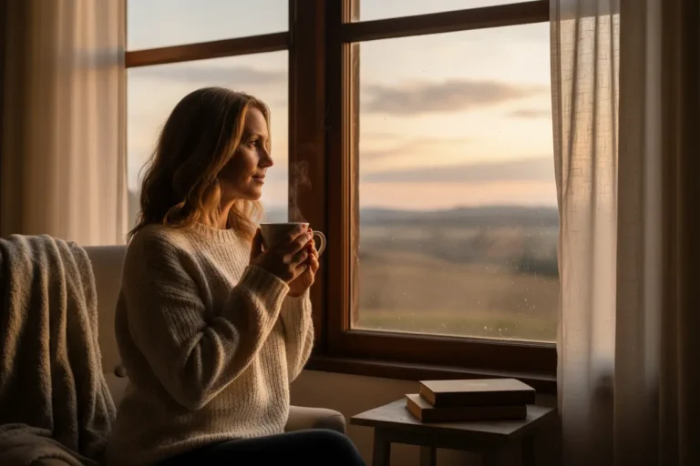 Mulher pensativa em janela com luz do sol, simbolizando reflexão e paz.