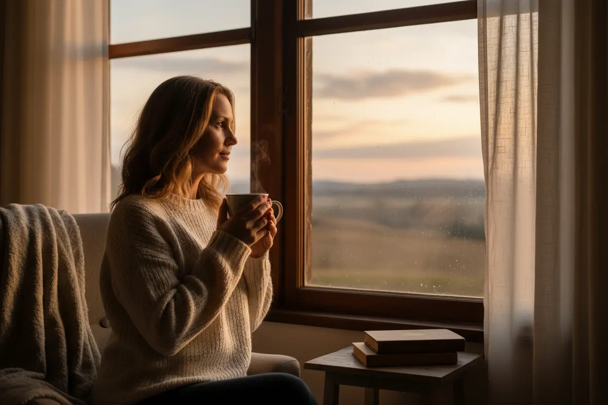 Mulher pensativa em janela com luz do sol, simbolizando reflexão e paz.