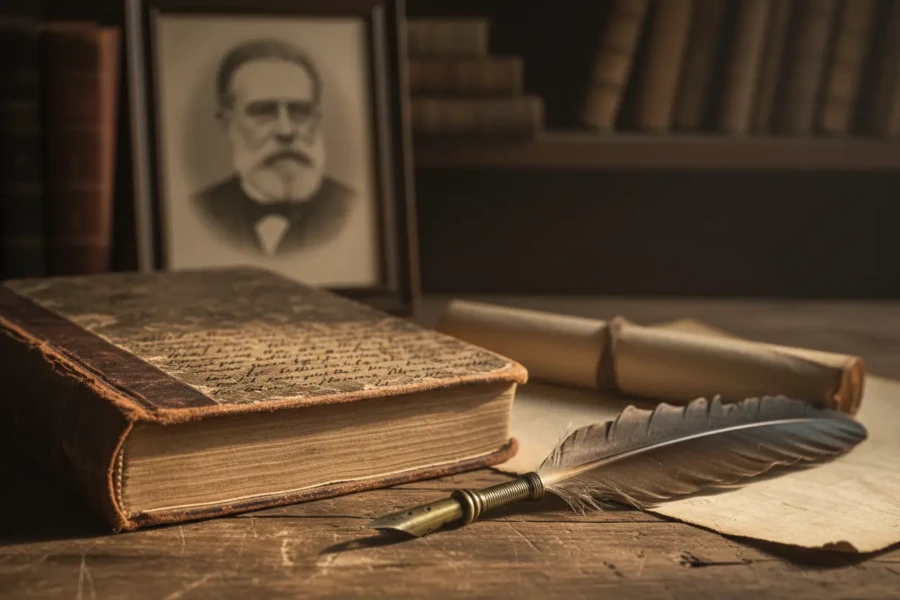 Old book and quill, depicting Machado de Assis quotes.