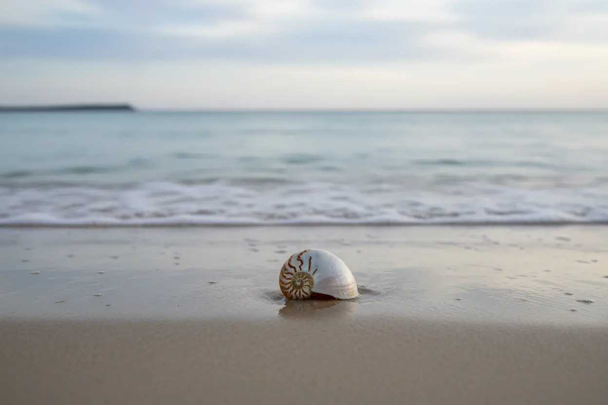 Concha na areia da praia, representando legendas curtas e impactantes.