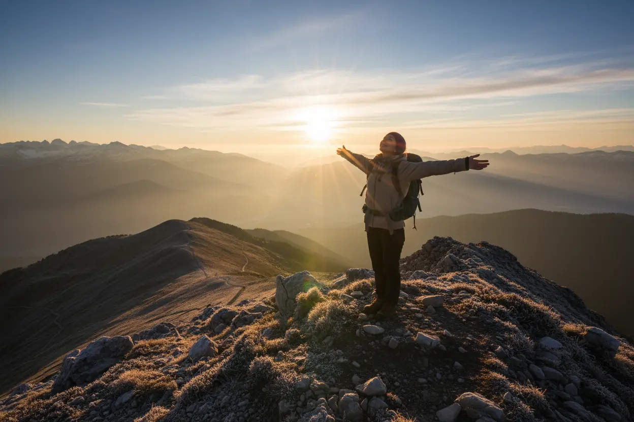 Pessoa no topo da montanha ao amanhecer, simbolizando superação.