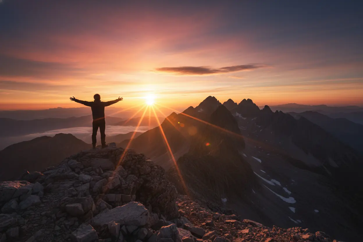 Vitória Pessoal - Superando Desafios Silhueta de pessoa no topo da montanha, celebrando a superação.