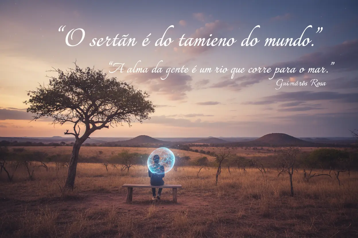 Uma estrada de terra que se perde no horizonte, cercada por árvores resilientes, representando a beleza da caminhada da vida.