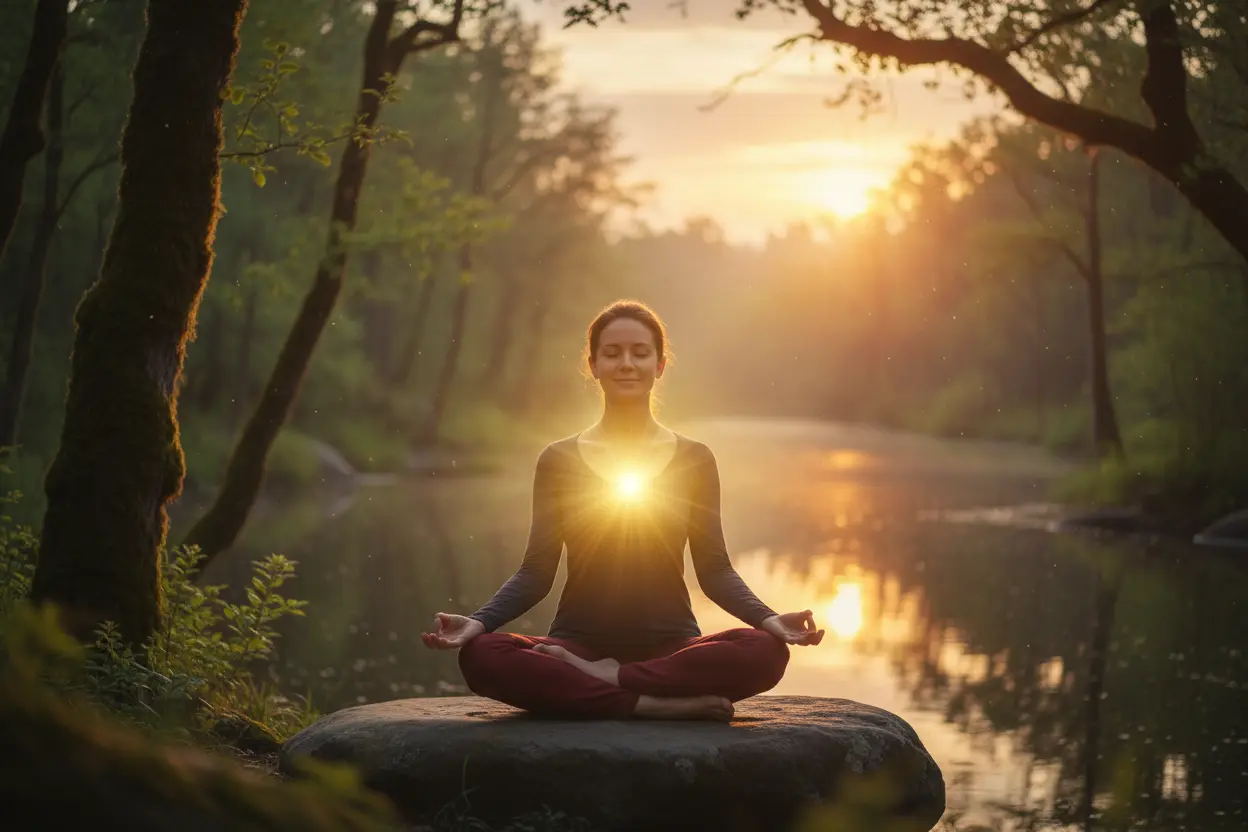 Mulher meditando com luz interior