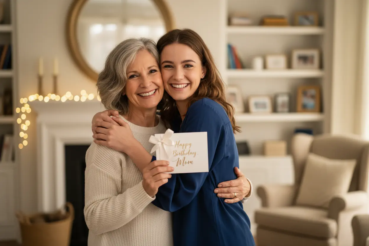 Mãe e filho se abraçando com carinho no aniversário