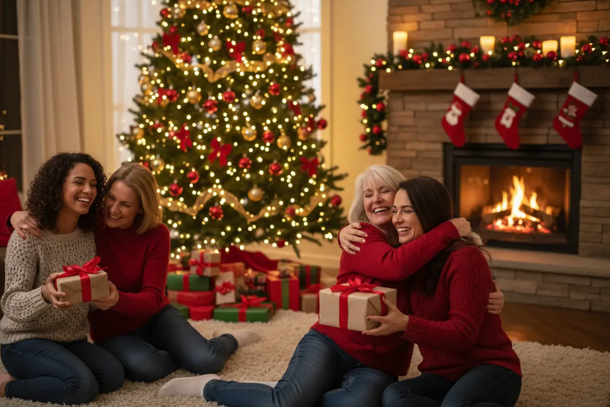 Xícara de chocolate quente com azevinho, janela nevada, conforto natalino.