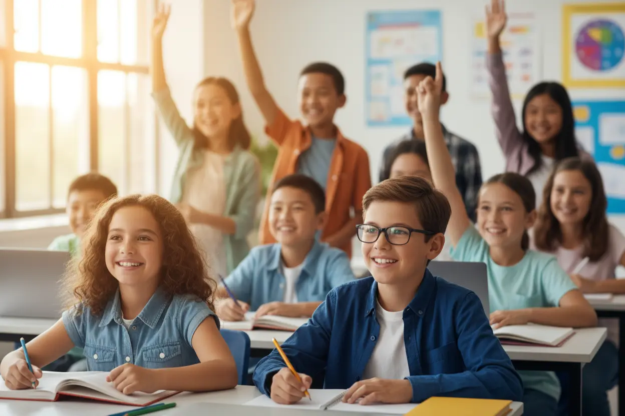 Grupo de alunos felizes e motivados em sala de aula